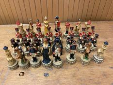 A set of Napoleonic war inspired resin chess pieces inscribed WU tallest measures 9cm in a faux