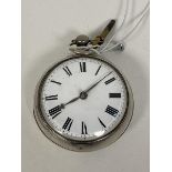 A George IV silver pair cased verge fusee pocket watch with white enamelled dial and roman chapter