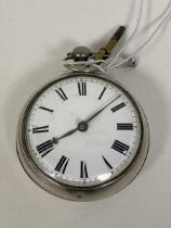 A George IV silver pair cased verge fusee pocket watch with white enamelled dial and roman chapter