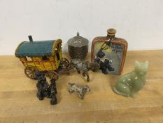 A mixed lot including a cast metal toy, Gypsy Caravan and a figure with horse, a polished stone