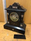 A late 19th early 20thc slate mantle clock of architectural form with marble and gilt inlay measures