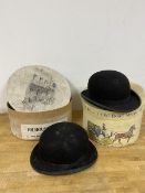 Two gentleman's bowler hats, the first inscribed to interior Hillhouse & Co. Bond Street, London (