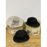 Two gentleman's bowler hats, the first inscribed to interior Hillhouse & Co. Bond Street, London (