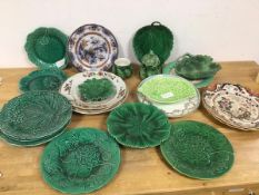 A collection of china including Majolica plates, various makers, lidded jug and sugar bowl, 19thc