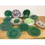 A collection of china including Majolica plates, various makers, lidded jug and sugar bowl, 19thc