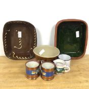 A mixed lot including two terracotta dishes, partially glazed, measures 7 x 32 x 26, two lustre ware