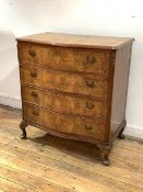 A bur walnut serpentine chest, fitted with four drawers, raised on cabriole supports, with