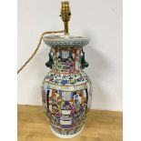 A 20thc Chinese baluster vase converted to lamp, with panels depicting Figures, unmarked (48cm to