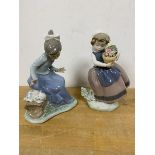 A Lladro figure of girl carrying flower pot measures 17cm high and another Nao figure of girl