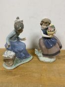 A Lladro figure of girl carrying flower pot measures 17cm high and another Nao figure of girl