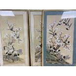 A group of three Chinese painted textile panels, each depicting Birds and Cherryblossoms (largest: