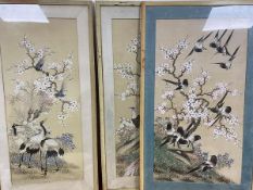 A group of three Chinese painted textile panels, each depicting Birds and Cherryblossoms (largest: