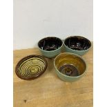 A pair of Sinclair Thomson Studio Pottery bowls (7cm x 14cm), another similar, also stamped ST and a