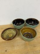 A pair of Sinclair Thomson Studio Pottery bowls (7cm x 14cm), another similar, also stamped ST and a