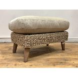 A Wicker Veranda stool, with squab cushion upholstered in a natural oatmeal fabric, raised on turned