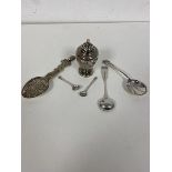 A 19thc pepperette, markings rubbed (8cm) and an 1827 Edinburgh silver condiment spoon, two other