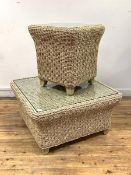 A wicker veranda coffee table of square form with plate glass top, (H40cm, W76cm, D75cm) together