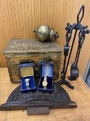 A mixed lot including a coal box with beaten sheet metal exterior, fire companion, brass pendant,