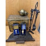 A mixed lot including a coal box with beaten sheet metal exterior, fire companion, brass pendant,