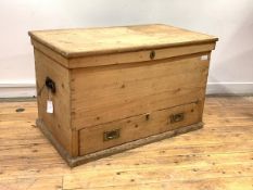 A Victorian pine mule chest, the hinged lid lifting to reveal a removable tray, fitted with a drawer