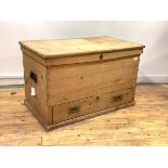 A Victorian pine mule chest, the hinged lid lifting to reveal a removable tray, fitted with a drawer