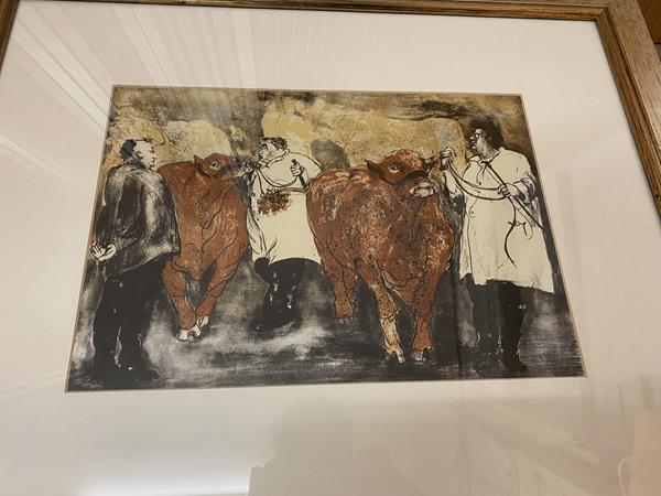 Frances Richardson, Judging at Perth Bull Sales, mixed media, signed bottom right, paper label verso