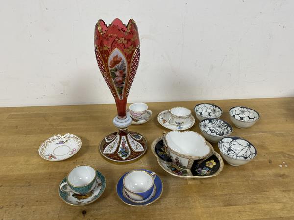 A mixed lot including a 19thc German glass vase with painted ceramic panels of tulip form (23cm),