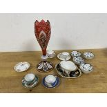 A mixed lot including a 19thc German glass vase with painted ceramic panels of tulip form (23cm),