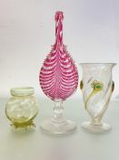 A pink and white glass bellows vase, 19th century, possibly Nailsea; together with a vaseline