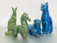 A group of ceramic animal models comprising: a Bitossi style green glazed pottery horse; a green