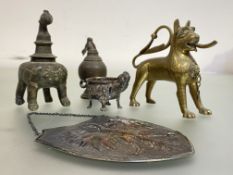 A group of silver and metalwork comprising: a Moller, Trondheim, 830 standard zoomorphic salt (