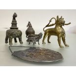 A group of silver and metalwork comprising: a Moller, Trondheim, 830 standard zoomorphic salt (