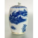 A Caughley blue and white porcelain tea caddy or canister, c. 1775, in the Fisherman and Cormorant