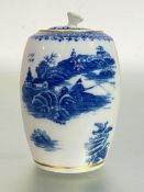 A Caughley blue and white porcelain tea caddy or canister, c. 1775, in the Fisherman and Cormorant