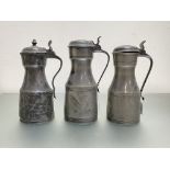 Three Scottish pewter tappit hens, late 18th/early 19th century, two with shallow domed covers,