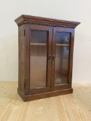 An early 20th century stained pine counter top cabinet, the dentil cornice above two glazed doors
