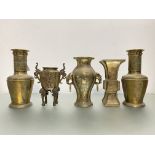 A group of Chinese bronze vases comprising: a pair of shouldered baluster form, each with a band
