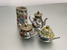 A group of Canton porcelain and famille rose porcelain small pieces comprising: two teapots, one