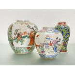 Two Chinese porcelain jars in a famille rose palette: the larger painted with two figural panels