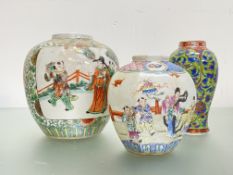 Two Chinese porcelain jars in a famille rose palette: the larger painted with two figural panels