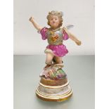 A Meissen porcelain figure of Cupid, dressed in armour, modelled as a dragon slayer, on a circular