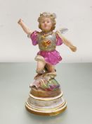 A Meissen porcelain figure of Cupid, dressed in armour, modelled as a dragon slayer, on a circular