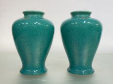 A pair of Japanese turquoise crackle-glazed vases, c. 1920/30, of baluster form, with impressed