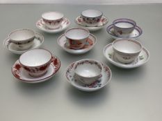 A collection of eight English tea bowls and saucers, c. 1800, various factories and patterns