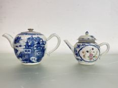 A Chinese Export blue and white teapot, 18th century, of bullet form, enamel painted with two