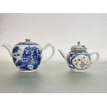 A Chinese Export blue and white teapot, 18th century, of bullet form, enamel painted with two