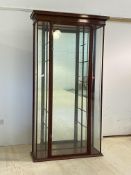 A late 19th century mahogany framed glazed shop cabinet, the projecting cornice over a full length