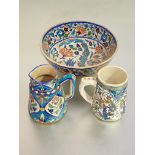 A group of Iznik style pottery comprising: a tankard, jug and bowl, each in the characteristic