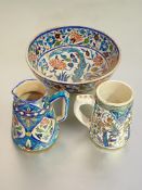 A group of Iznik style pottery comprising: a tankard, jug and bowl, each in the characteristic