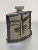 A large Studio pottery glazed terracotta vase, showing Japanese influence, of tapering flattened